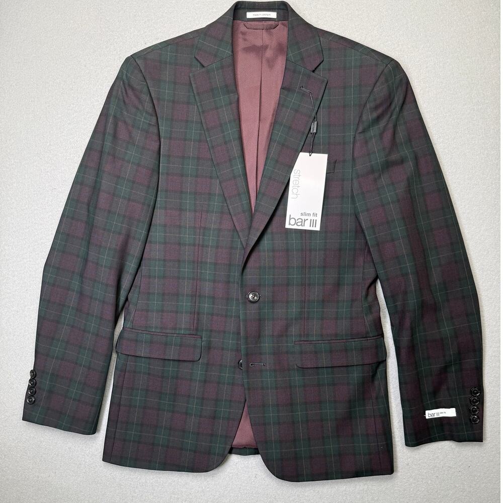 Bar III Men's Slim-Fit Wool Blend Suit Jacket Green/Burgundy 36R $425